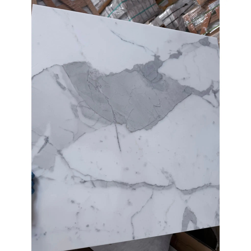 White marble-effect countertop slab with gray veining smooth polished surface statuario white 24x24 premium italian marble