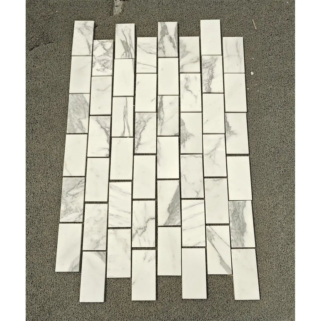 Statuario White 3x6 Italian marble mosaic tiles in staggered pattern