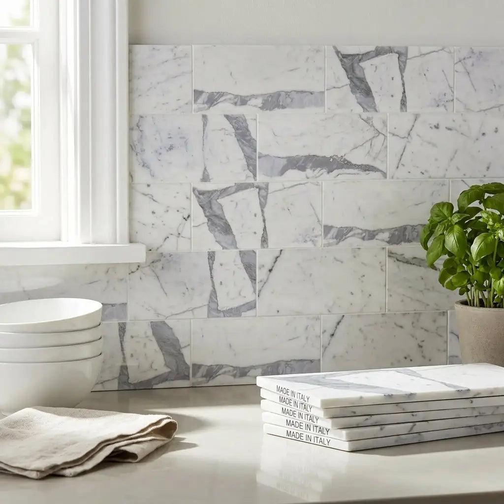 White marble subway tiles with gray veining in 3x6 statuario white premium italian marble polished or honed finish