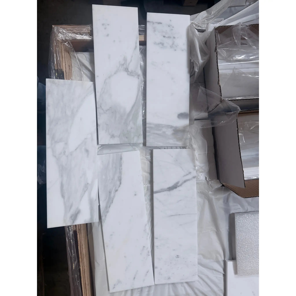 Statuario White 4x12 Italian marble tile with gray veining, polished finish