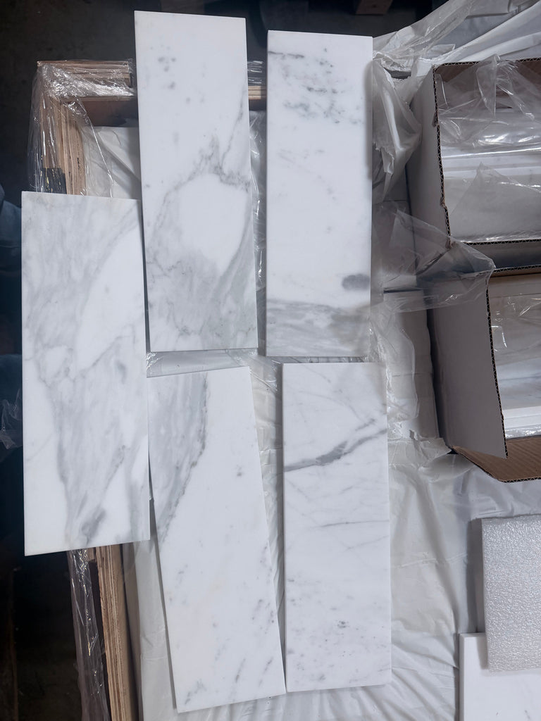 Statuario White 4x12 Italian marble tile with gray veining, polished finish