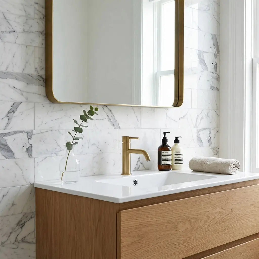 Gold-finished single-handle faucet with sleek modern design mounted on white ceramic sink in statuario white italian marble bathroom setting