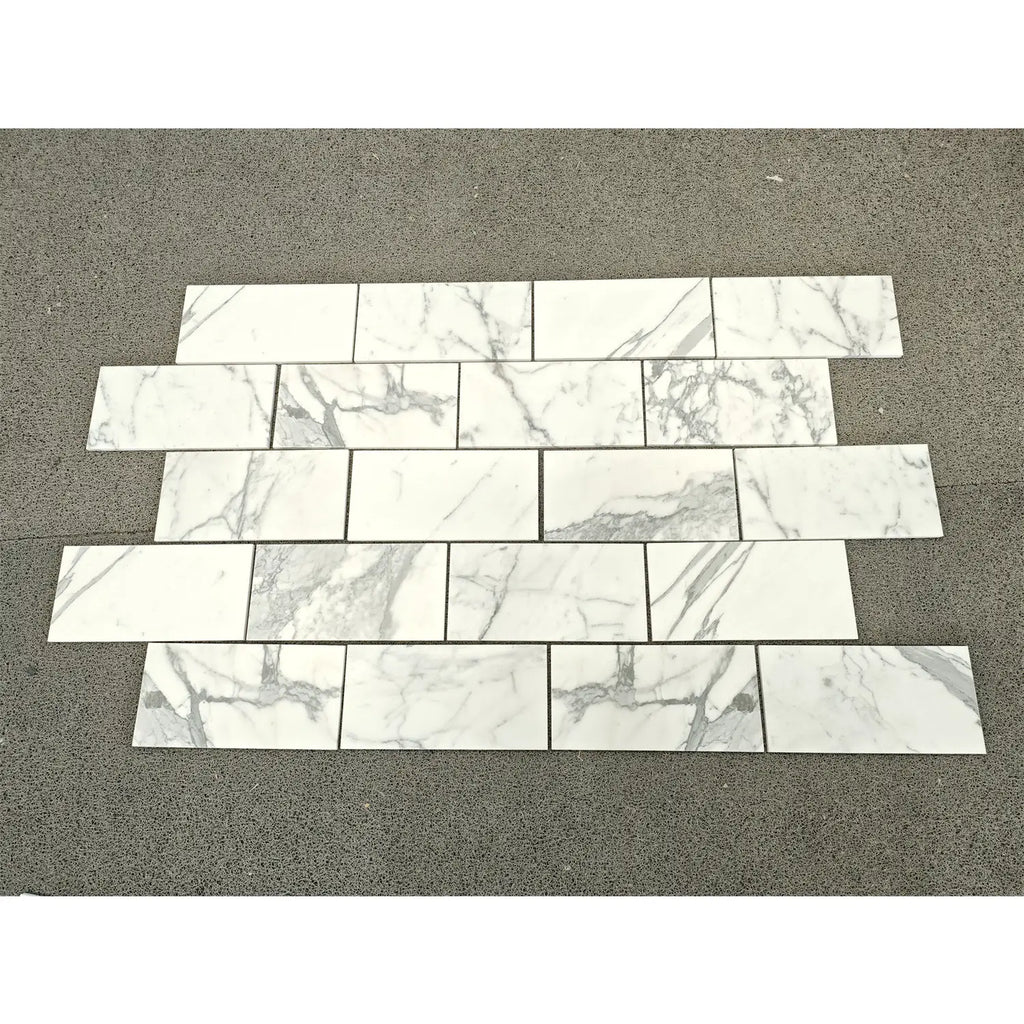 Statuario White 6x12 Italian marble tile with gray veining, polished