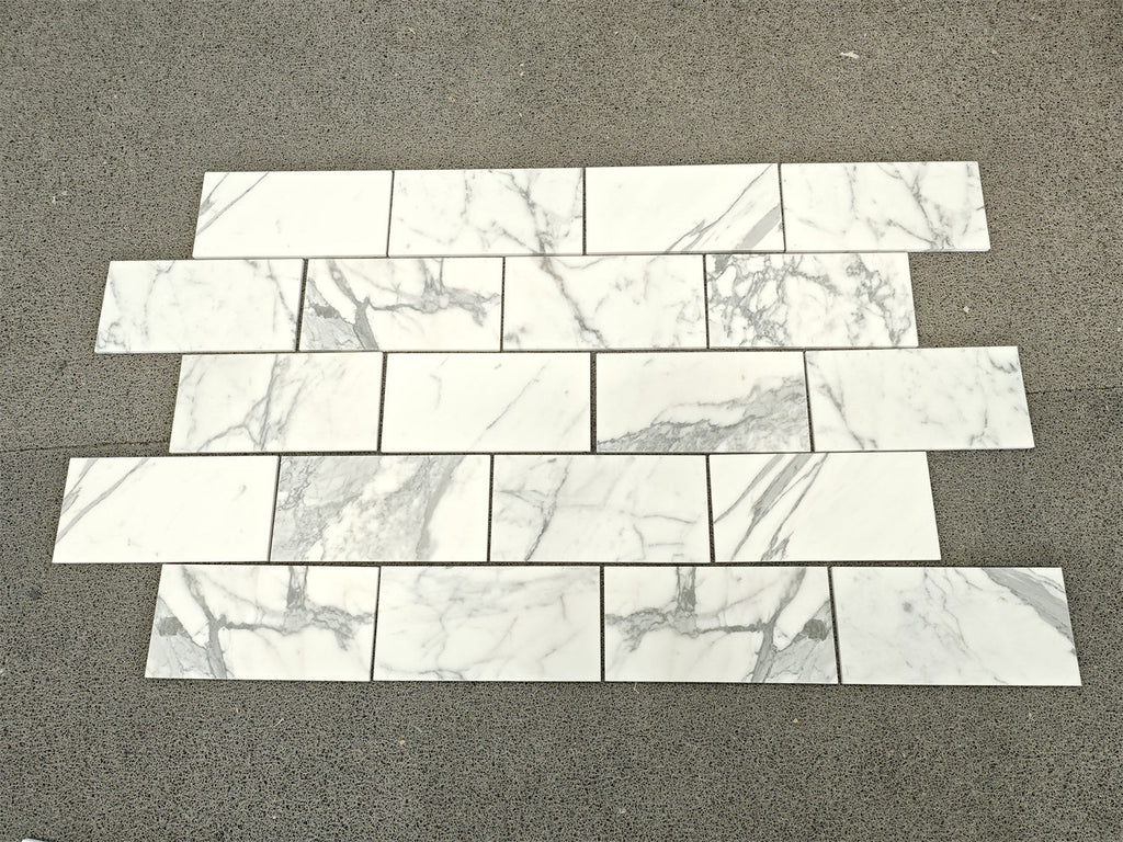 Statuario White 6x12 Italian marble tile with gray veining, polished