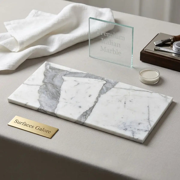 A sleek rectangular white marble tray with elegant gray veining in statuaria white 6x12 premium italian marble polished surface