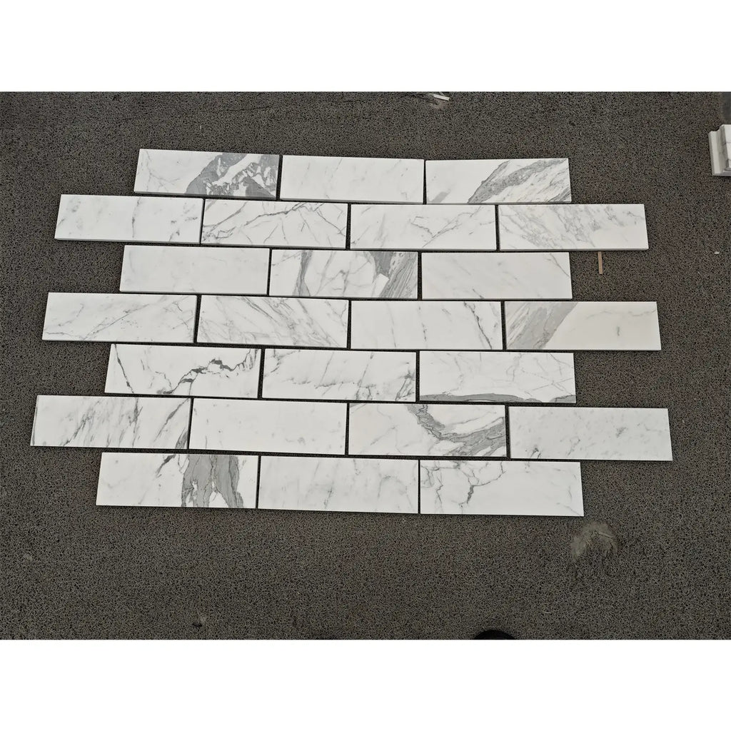 Statuario White 6x12 Italian marble tile with gray veining, polished