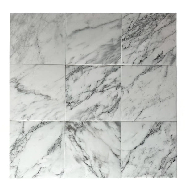 Nine Statuario Venato 12X12 Polished Marble Tiles showcasing elegant marble patterns