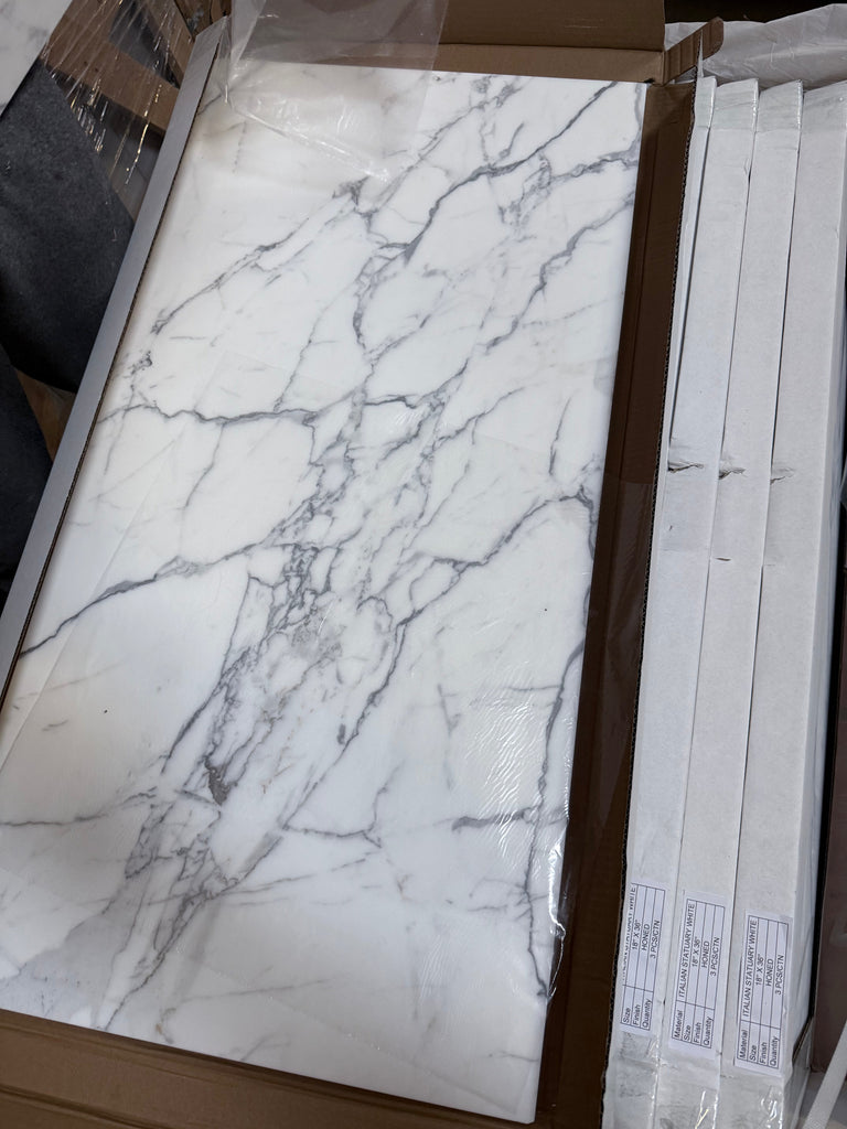 White marble-patterned tile from Statuary-Statuario White, 24x24 inch Italian marble