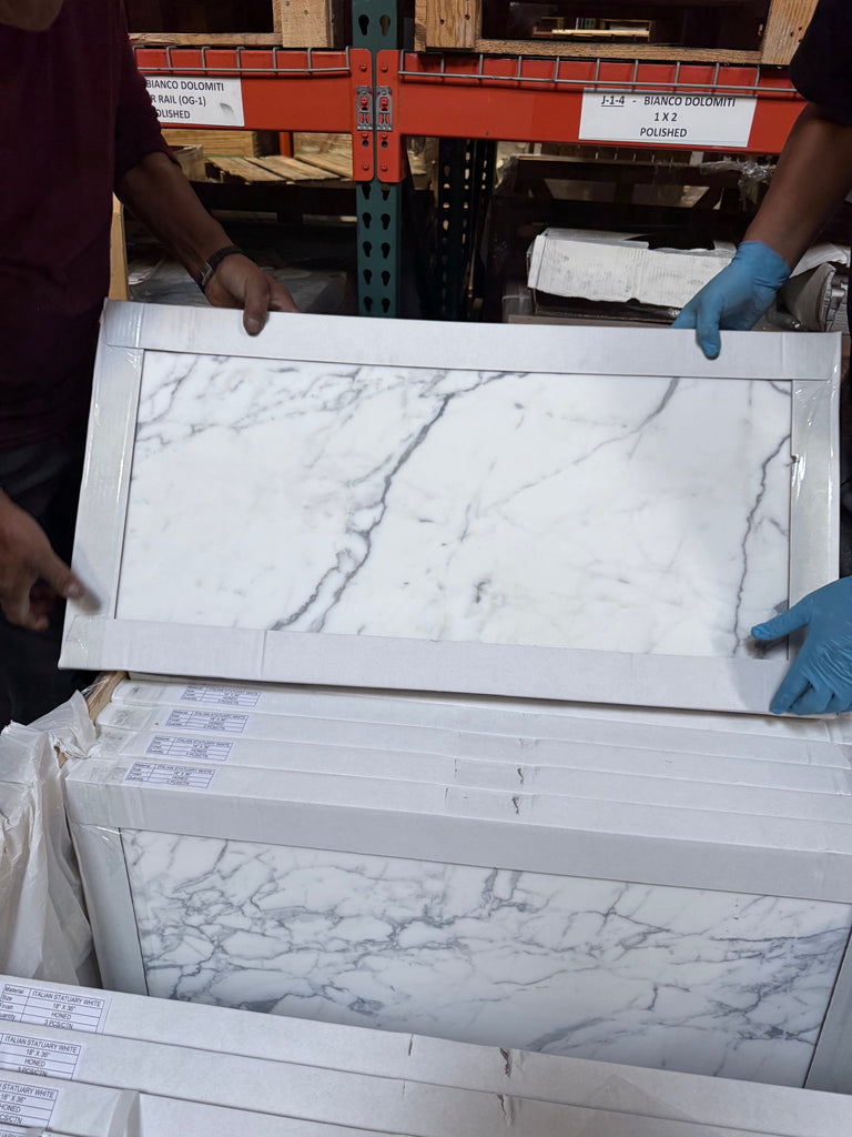 Marble-patterned Statuary-Statuario White 24X24 Italian Marble tile in packaging