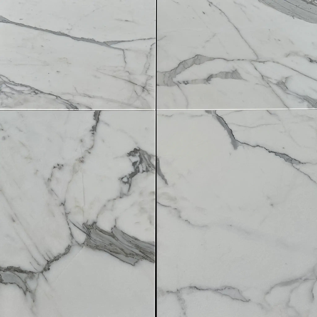 Four marble-patterned Statuary-Statuario White Italian tiles in polished finish