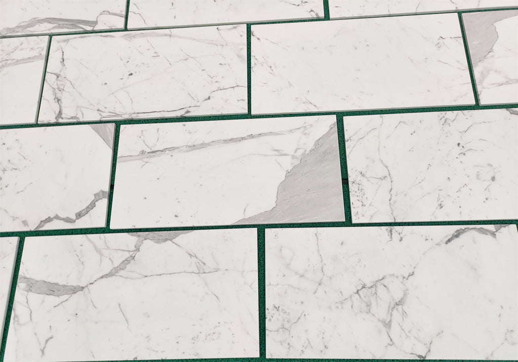 White marble-patterned rectangular tiles from Statuary Statuario White 4X12 Italian marble collection