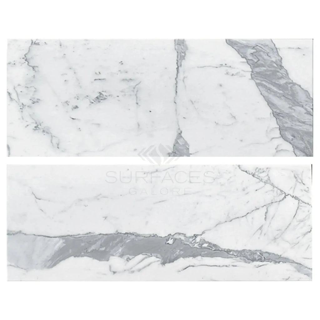 Two Statuary-Statuario White marble slabs featuring elegant gray veining