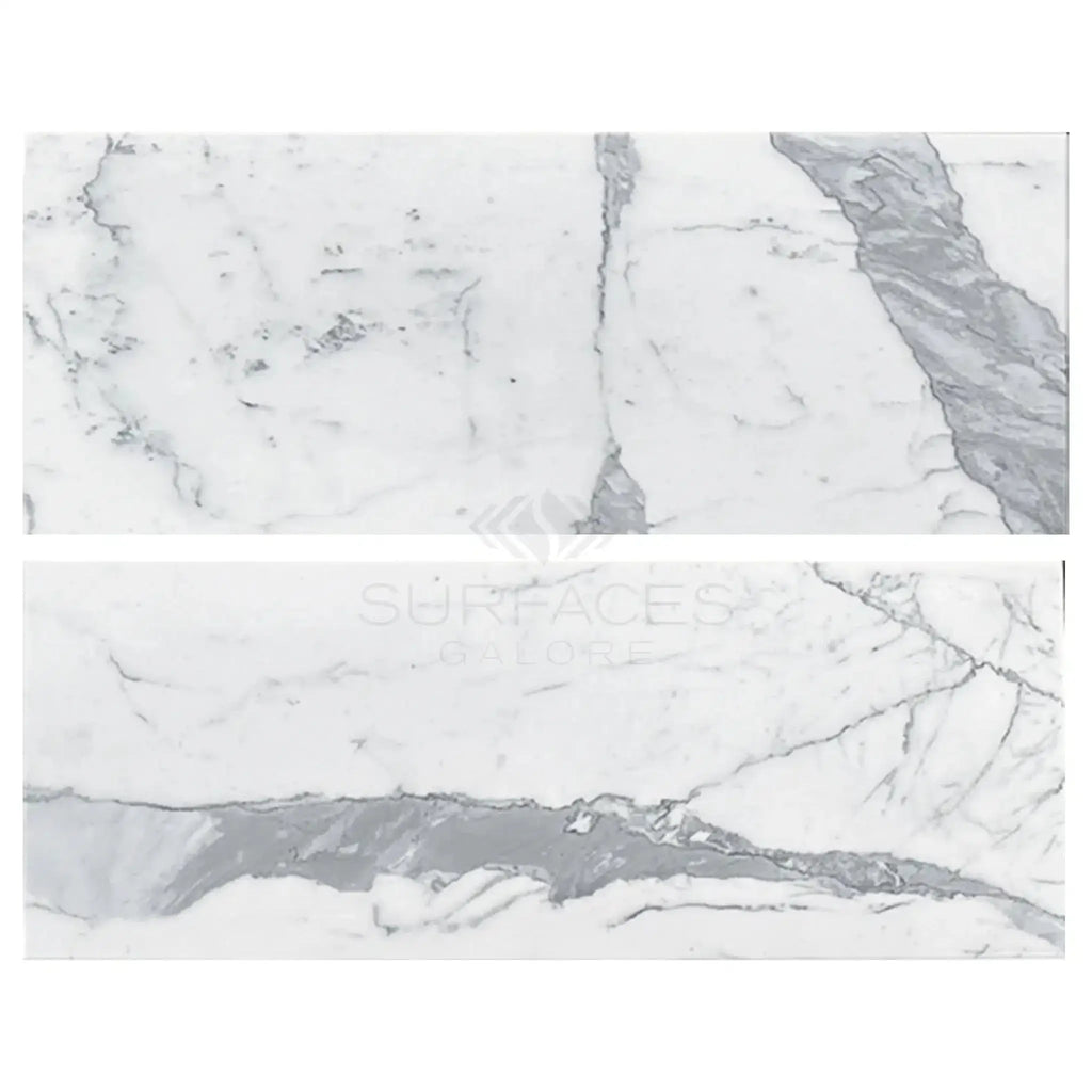 Two Statuary-Statuario White marble slabs featuring elegant gray veining