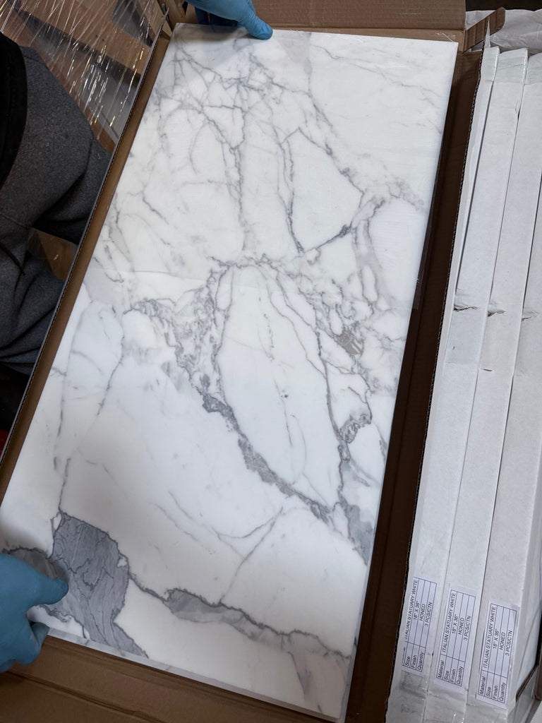 Marble-patterned ceramic tile from Statuary-Statuario White 6X12 Italian polished or honed marble collection
