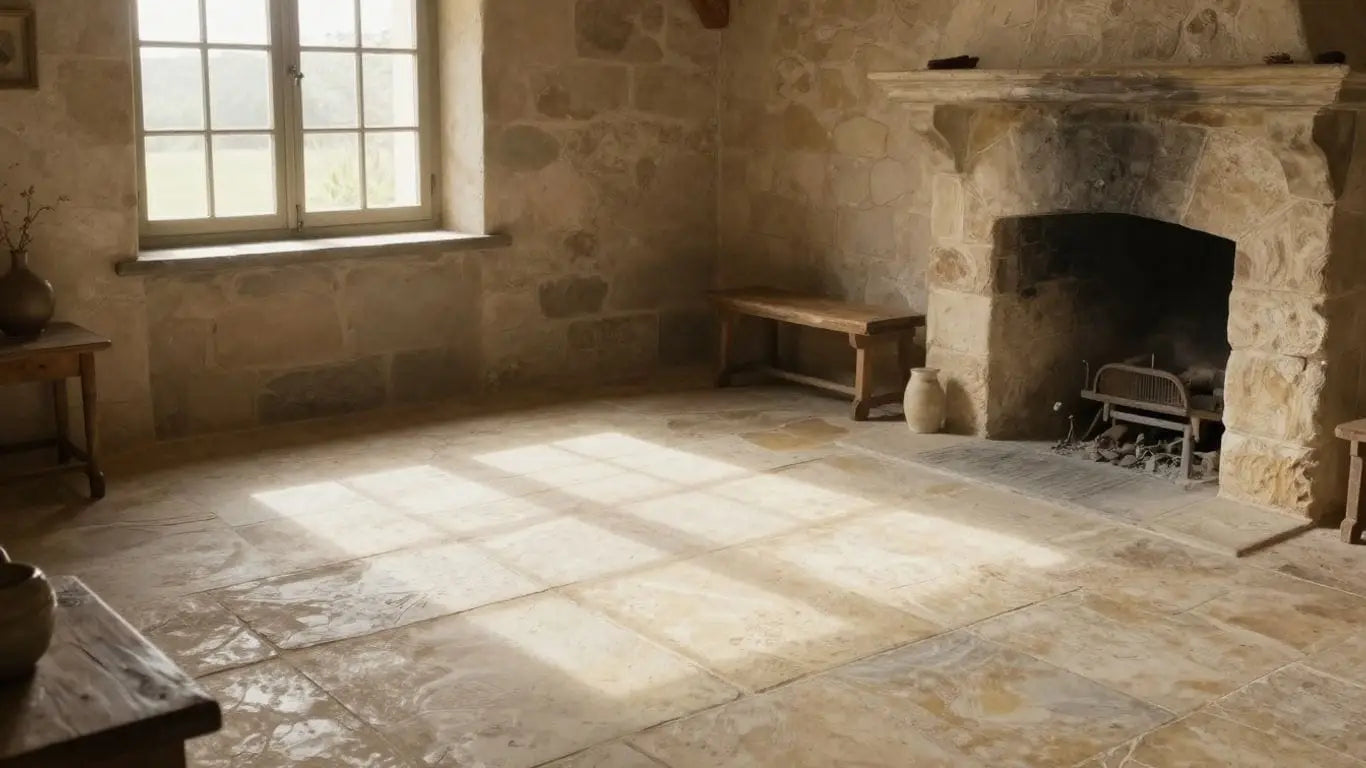 Sketch of French limestone floor and fireplace in a farmhouse.