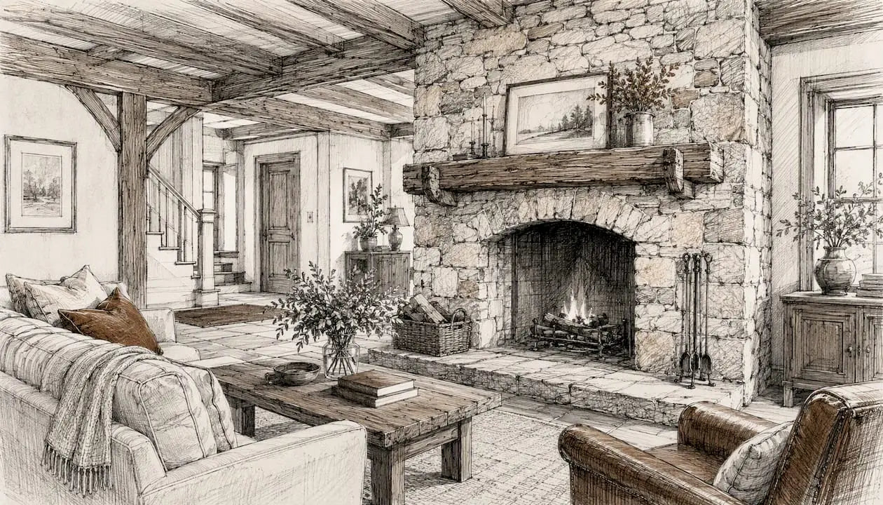 Rustic farmhouse fieldstone and rough limestone fireplace