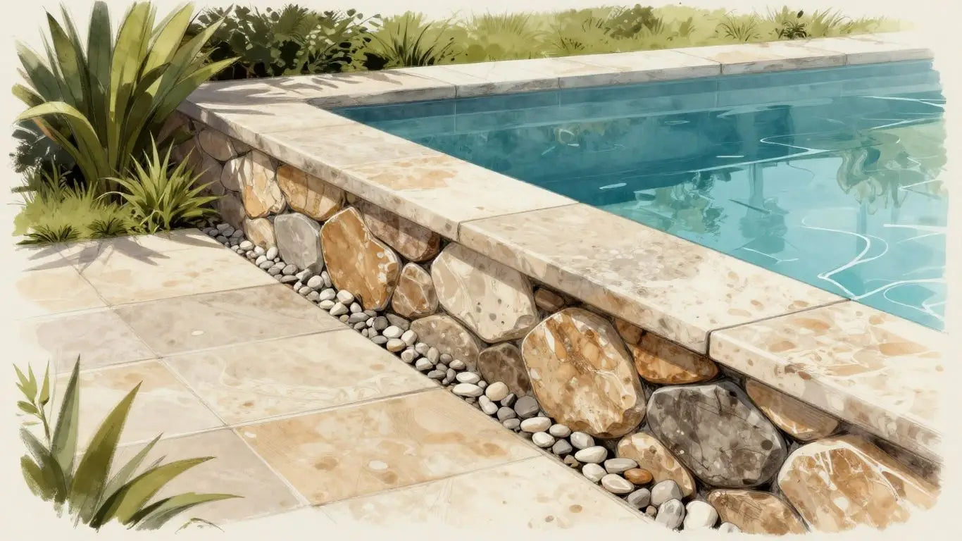 Noce travertine stone coping by a modern pool