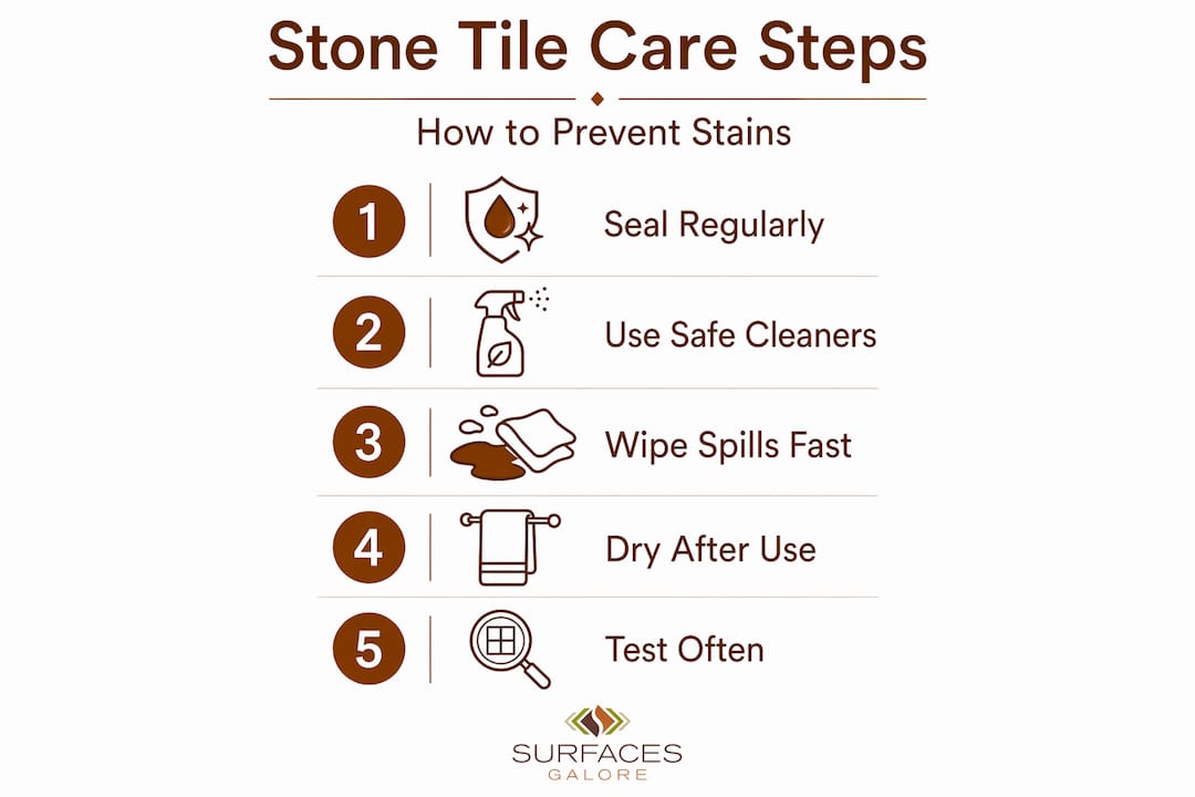Vertical flow infographic with five stone care steps