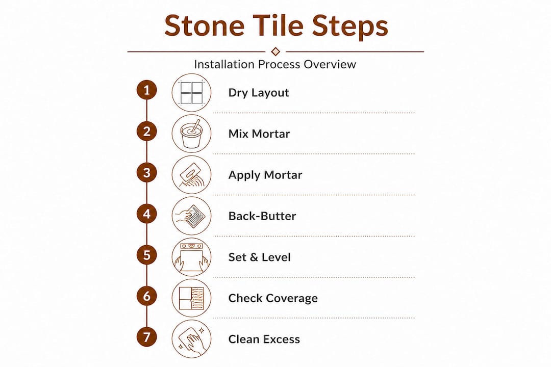 Infographic showing 7 stone tiling steps in order