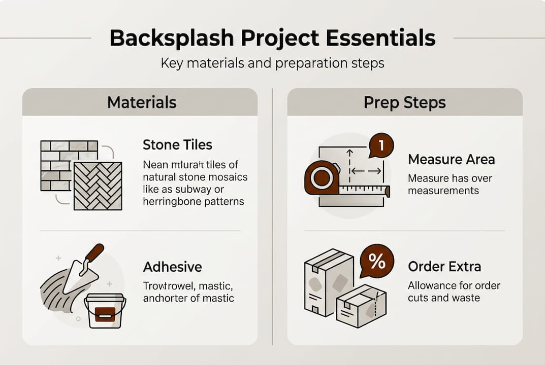 Infographic of natural stone backsplash steps and materials