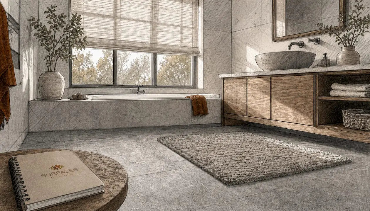 Elegant honed marble bathroom interior