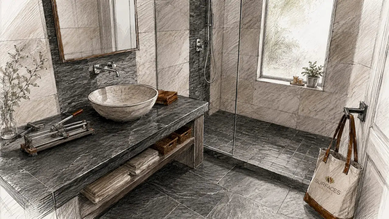 Marble and travertine tiled bathroom interior