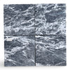 Four polished Storm Gray Marble 12x12 tiles with white veining for elegant flooring