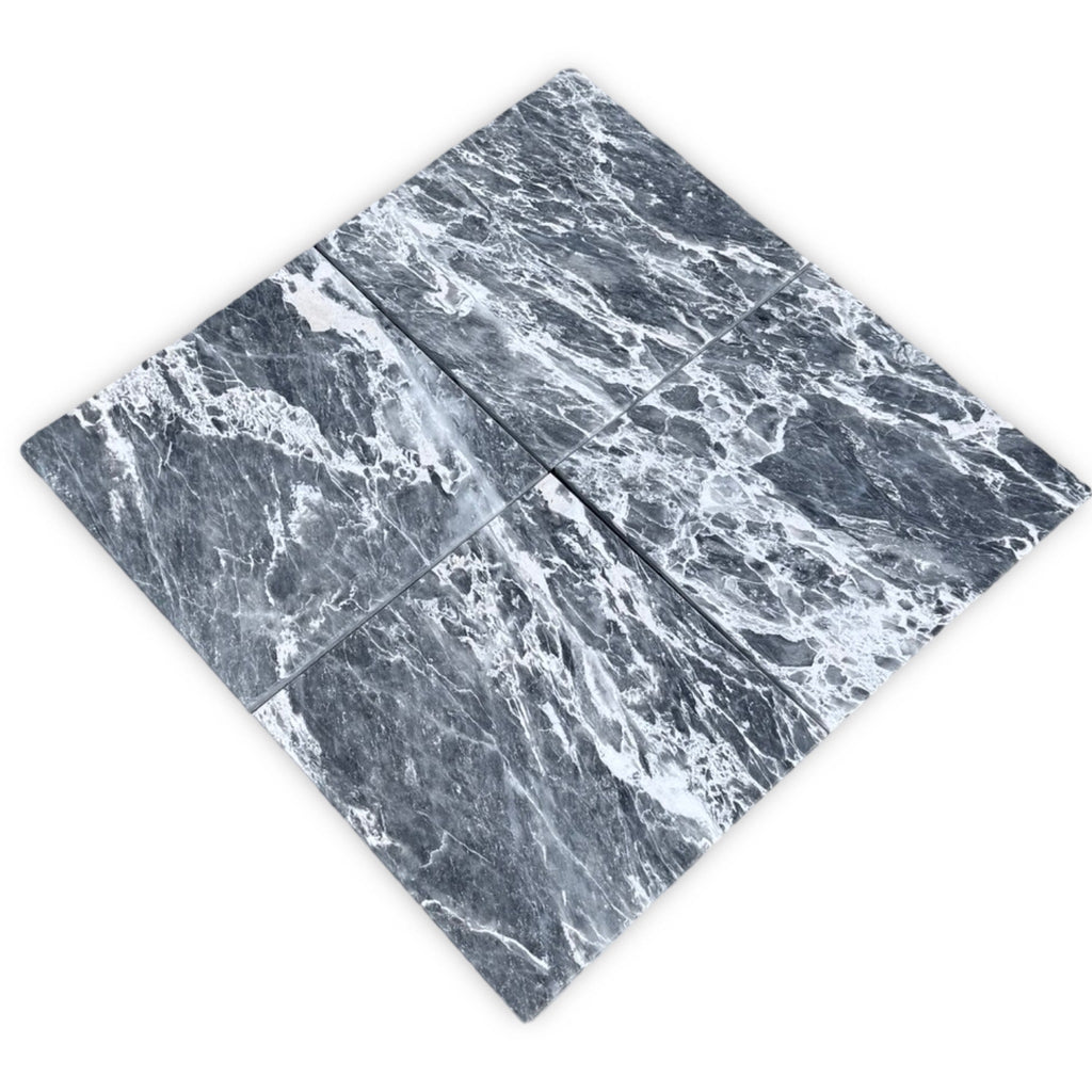 Storm Gray Marble 12X12 polished tiles with gray and white veined diamond pattern