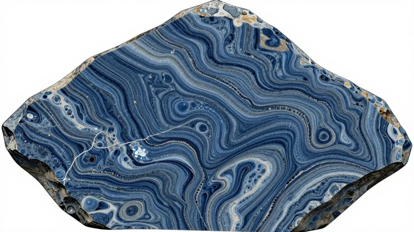 Boceto de cuarcita azul tempestuoso con vetas azules y blancas.