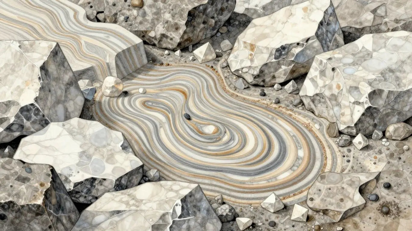 Sketch of rock layers transforming into marble.