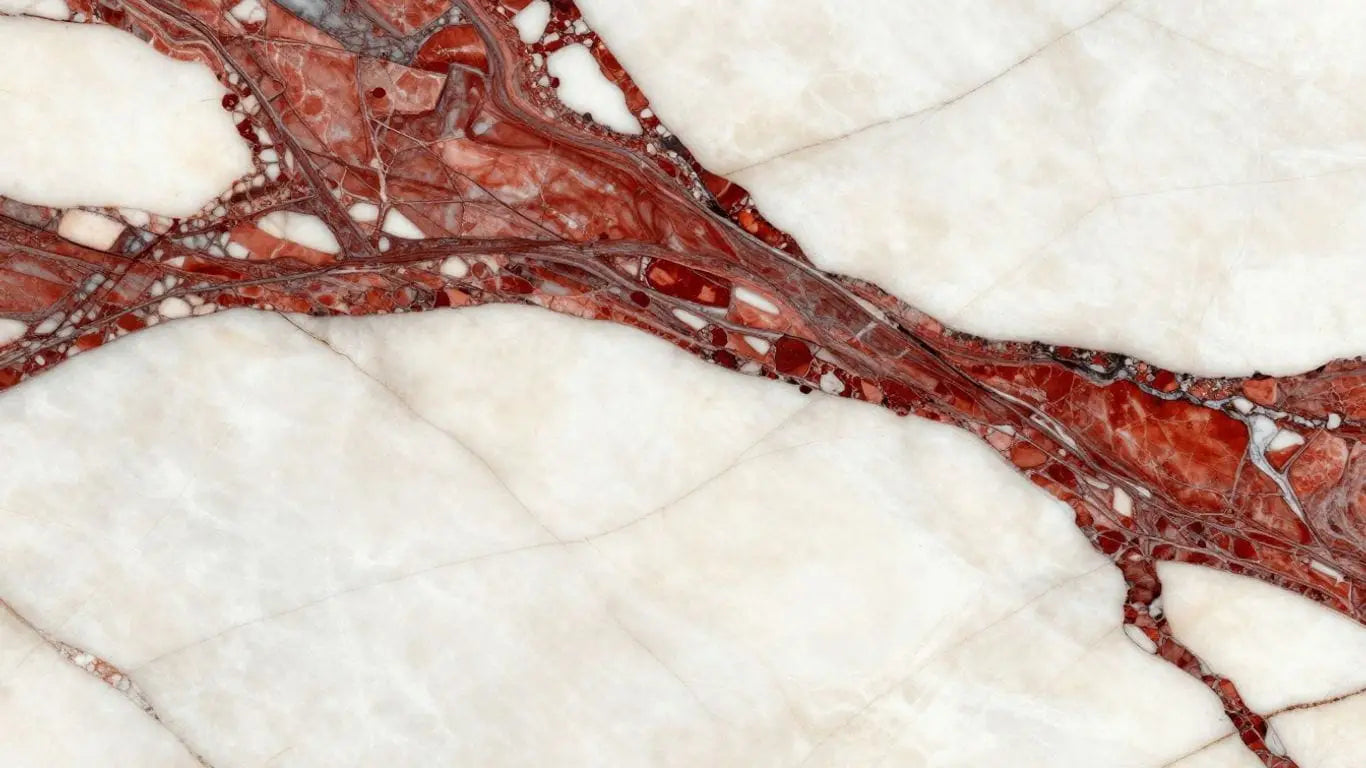 Rojo Alicante marble slabs with red veins on white background.