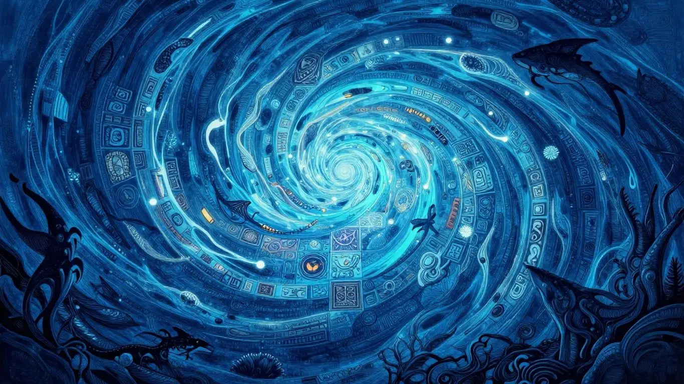 Ilustración de azulejo místico del océano con tonos azules profundos.