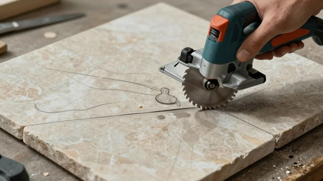 Sketch of cutting natural stone tile with a wet saw.