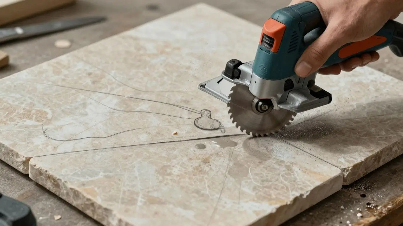 用湿式锯切割天然石材瓷砖的草图。