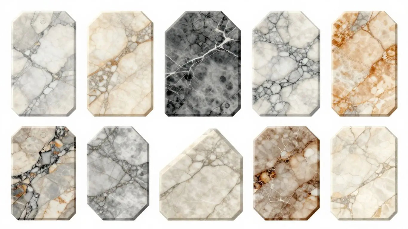 Sketch of diverse marble slabs with unique veining.