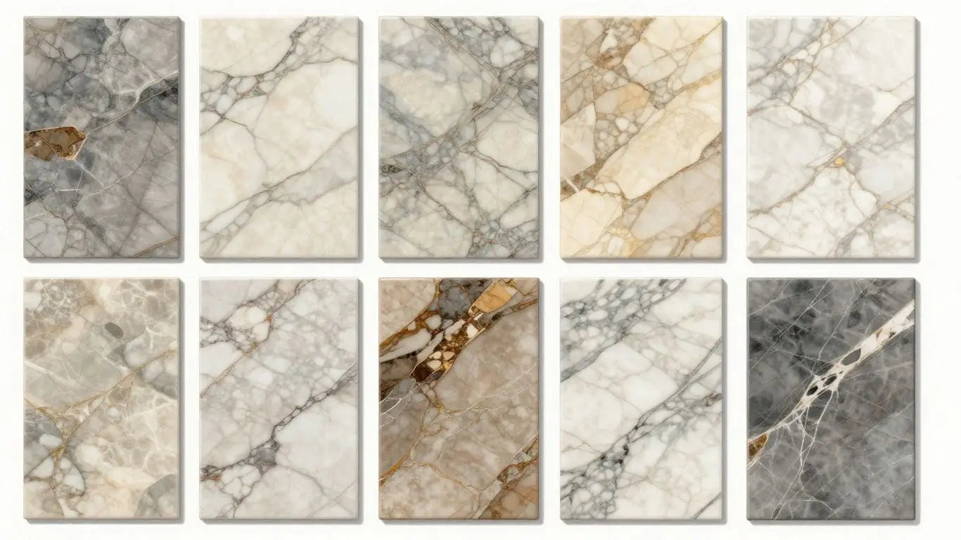 Custom marble tiles with unique veining patterns.