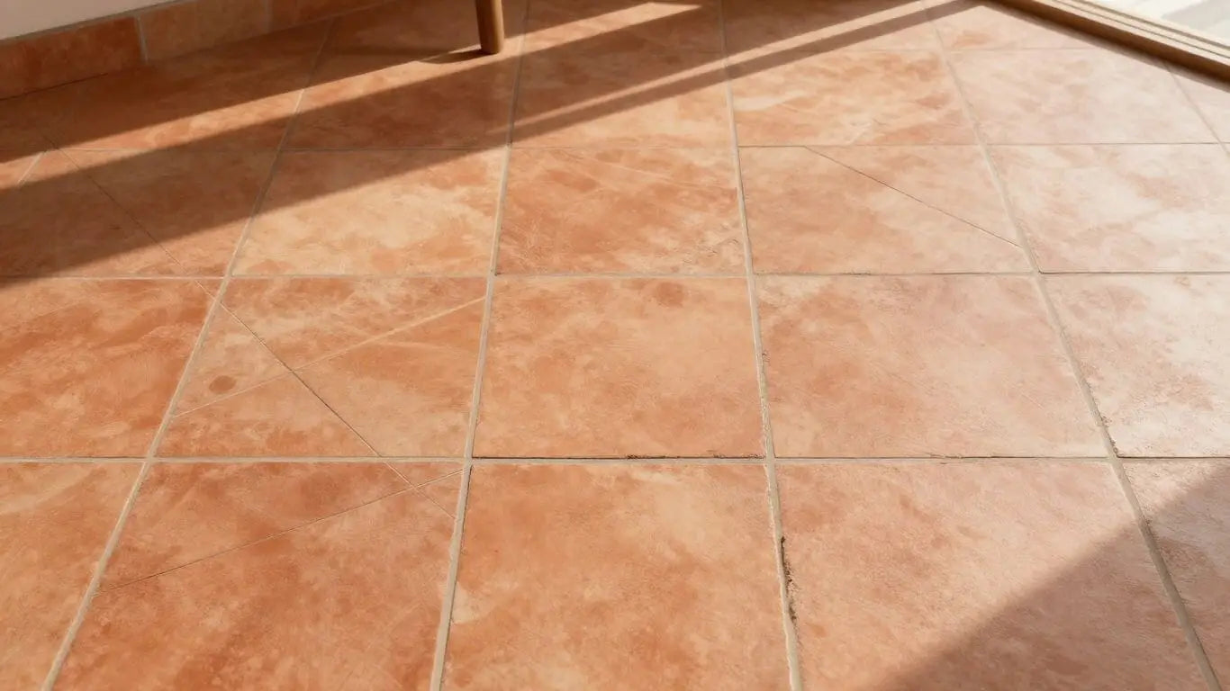 Terracotta porcelain tiles in a warm, earthy pattern.