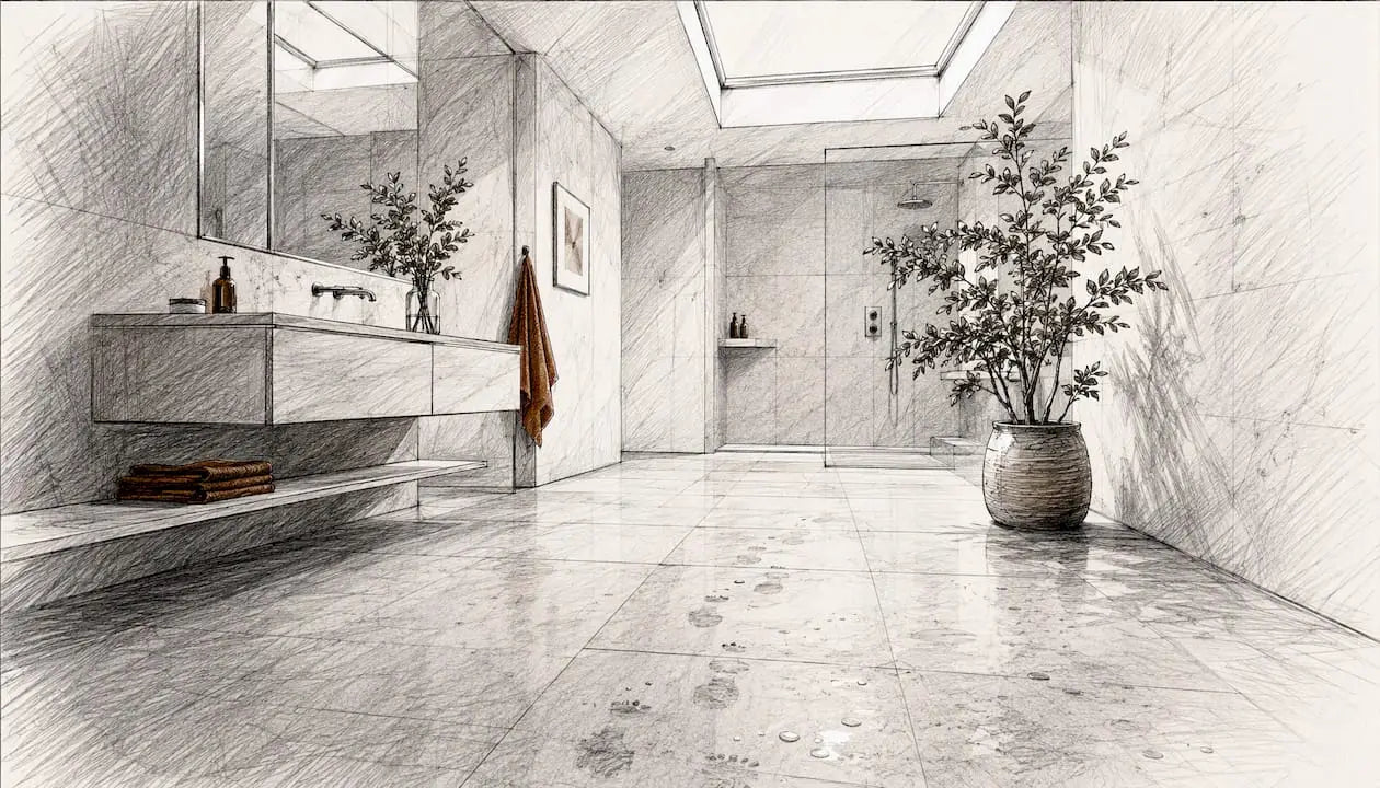 Large-format porcelain tile floor in bathroom