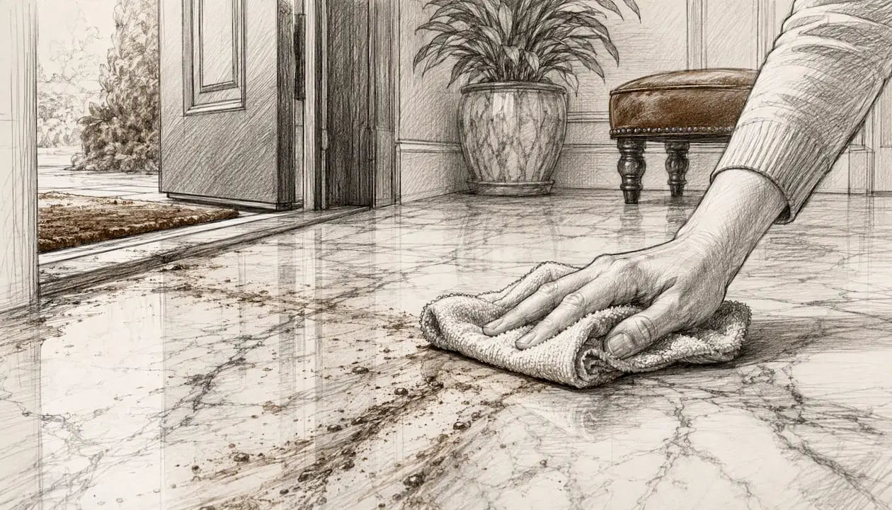 Wiping mud off marble floor near entrance