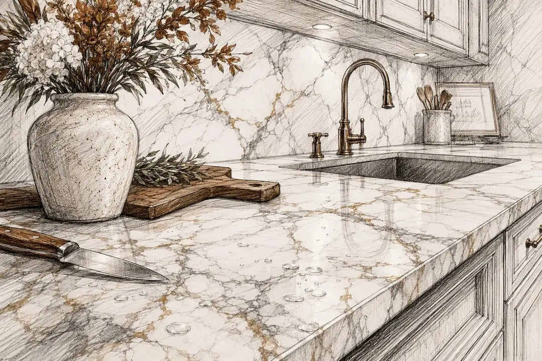 Polished white marble kitchen countertop with veins