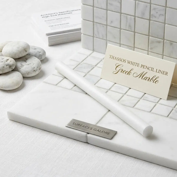 A sleek white Thassos marble pencil liner with polished surface and subtle veining for elegant architectural use
