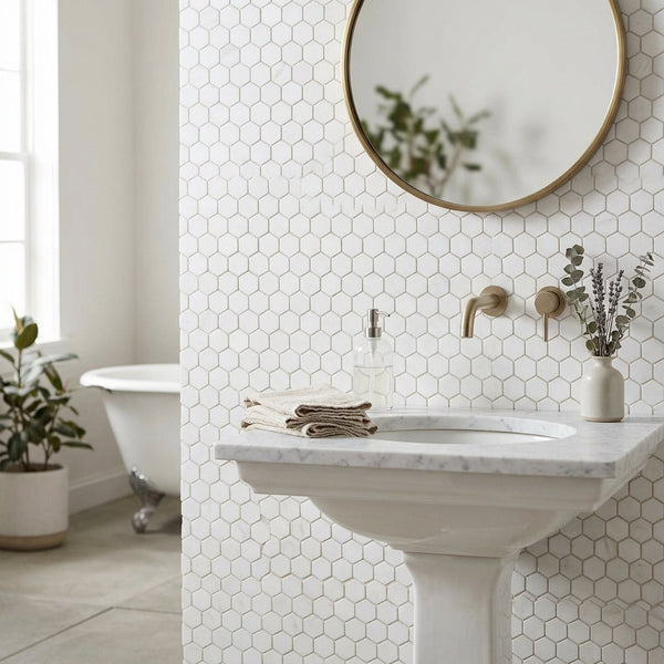 Thassos white 1 inch hexagon mosaic marble polished pedestal sink with sleek modern design and integrated faucet