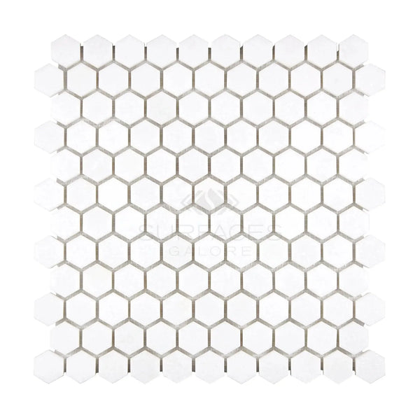 White hexagonal tile mosaic of Thassos White 1 inch Marble Polished or Honed