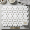 Thassos White 1 inch hexagon mosaic tile panel made of polished or honed Greek marble in white color