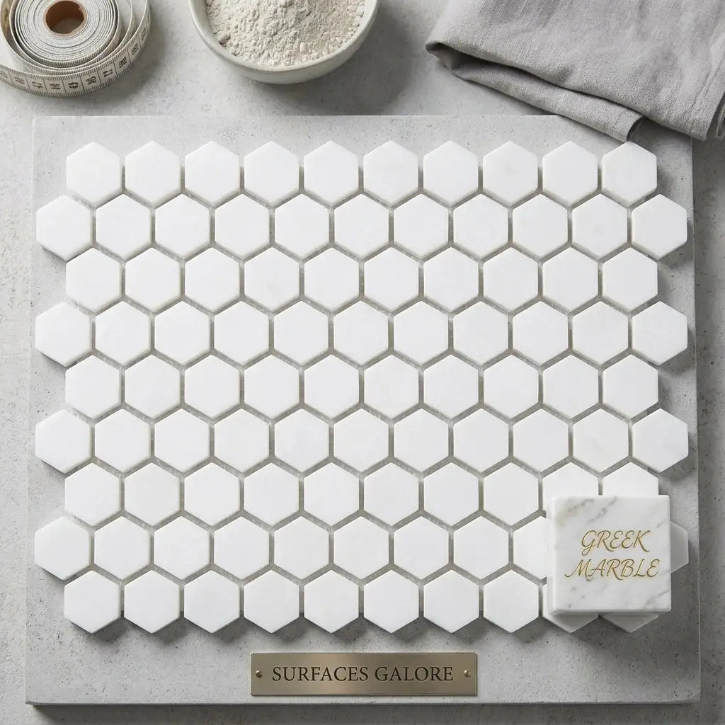 Thassos White 1 inch hexagon mosaic tile panel made of polished or honed Greek marble in white color
