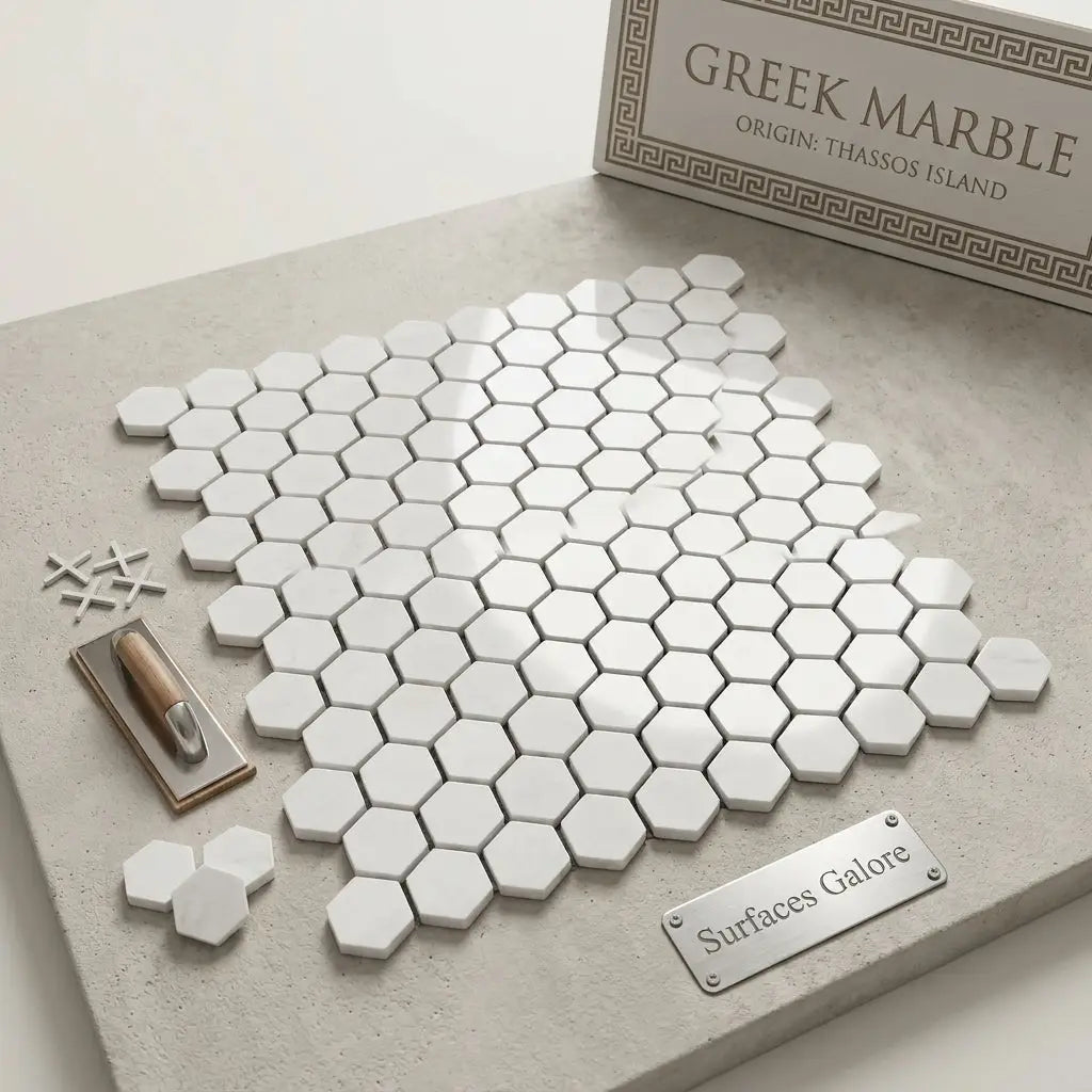 Thassos white 1 inch hexagon mosaic marble tiles with polished glossy finish in white greek marble material