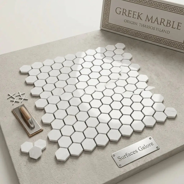 Thassos white 1 inch hexagon mosaic marble tiles with polished glossy finish in white greek marble material