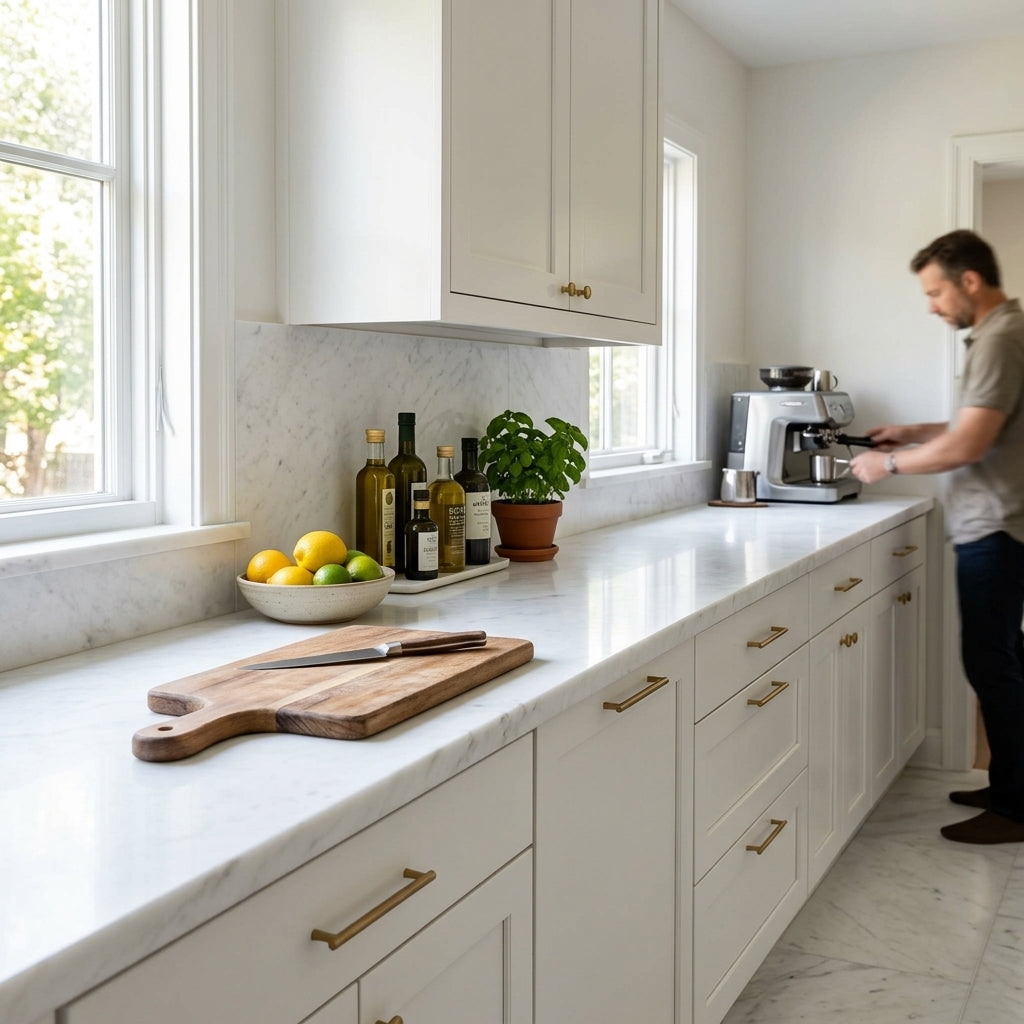 Thassos white 12x12 marble polished or honed countertop with gold-toned drawer pulls and wooden cutting board