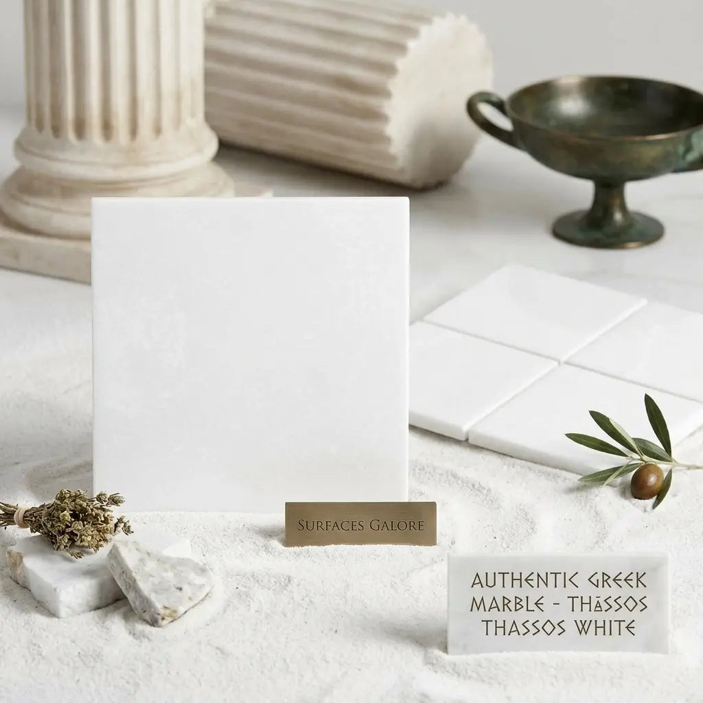 Authentic Thassos white 12x12 marble slab with polished smooth surface and subtle natural veining
