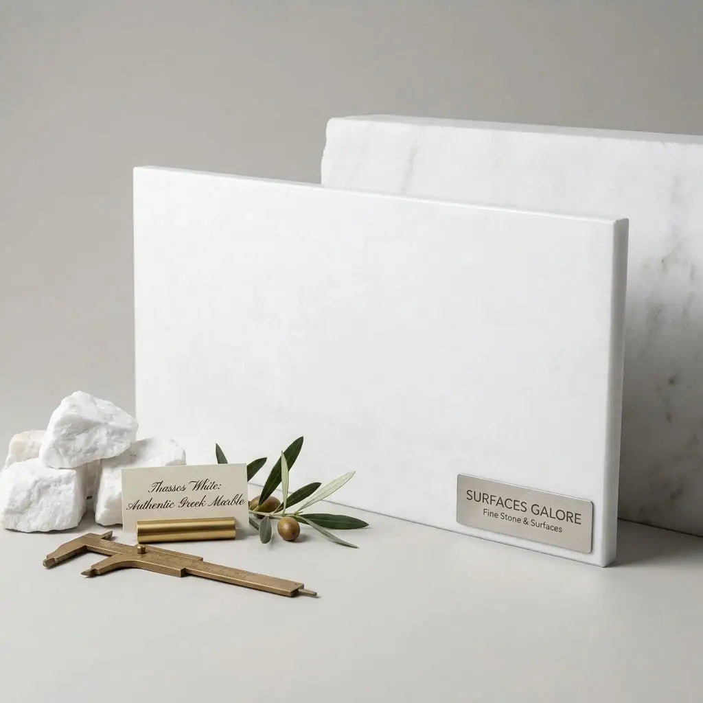 White rectangular thassos white marble slab with subtle veining polished or honed by surfaces galore